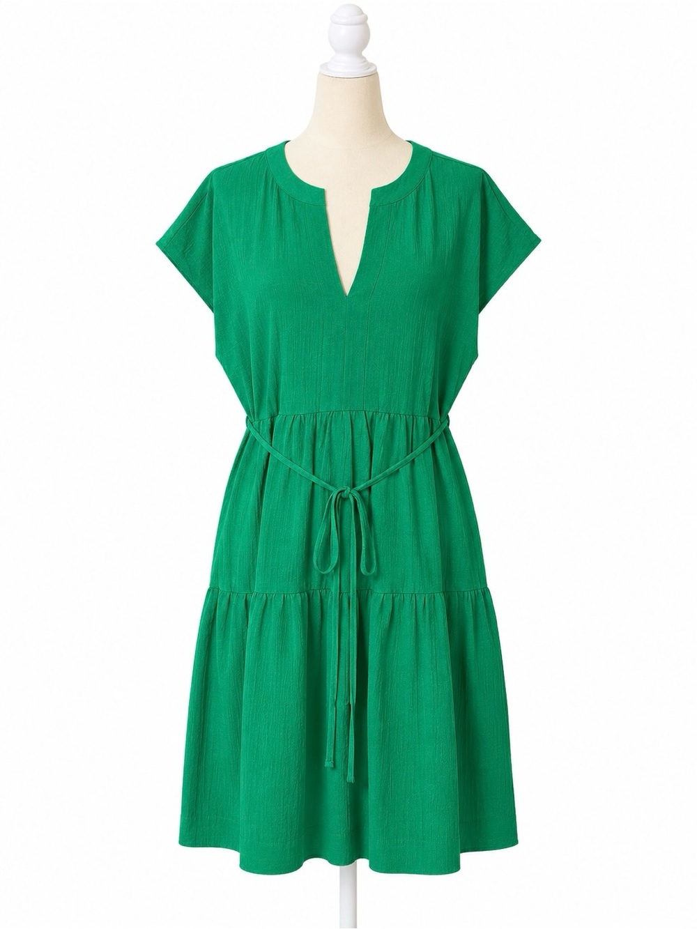 Calvin Klein Tiered Midi Dress Womens Size 14 Green Textured Tie Waist NWT